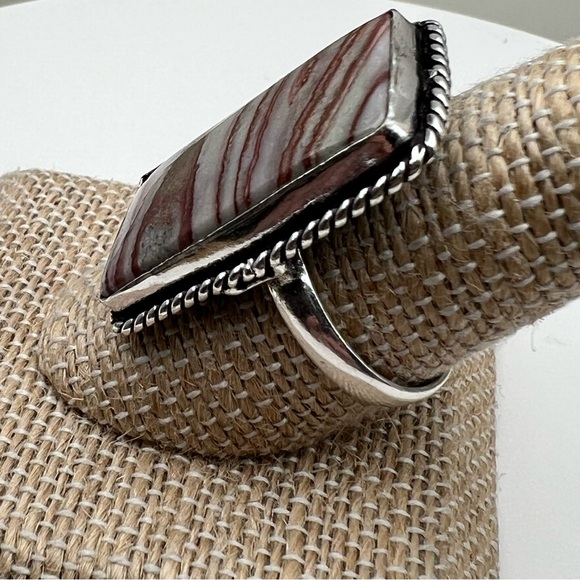 New Banded Dolomite Jasper Stone Ring Sterling Silver Overlay 925 Size 8.25–8.5 - Picture 9 of 10